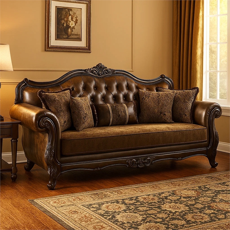 Pemberly Row 90 Inch Sofa Faux Leather Rolled Arms Cherry Brown Solid Wood