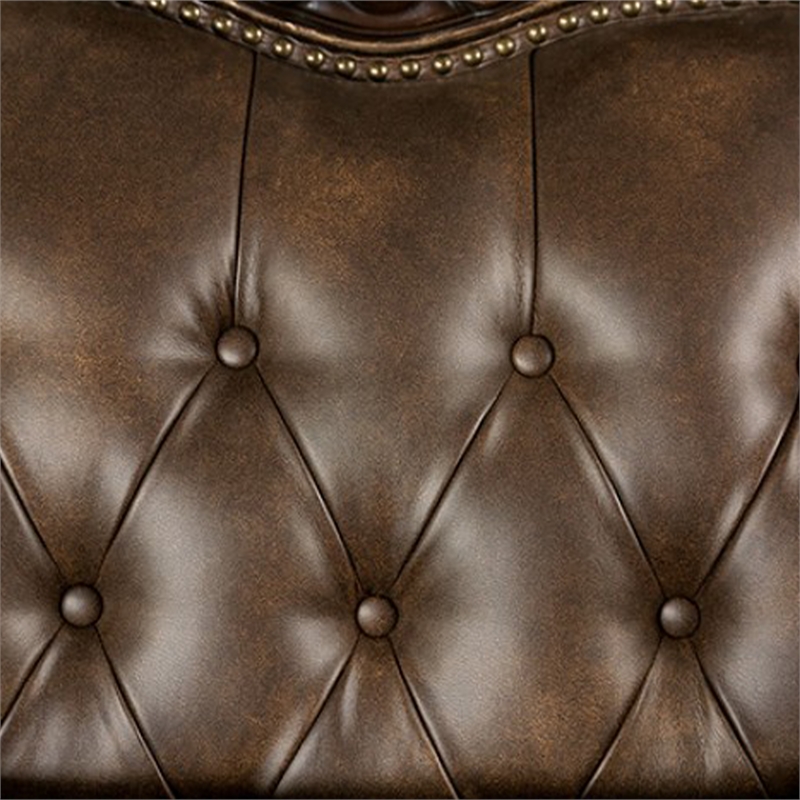 Pemberly Row 90 Inch Sofa Faux Leather Rolled Arms Cherry Brown Solid Wood