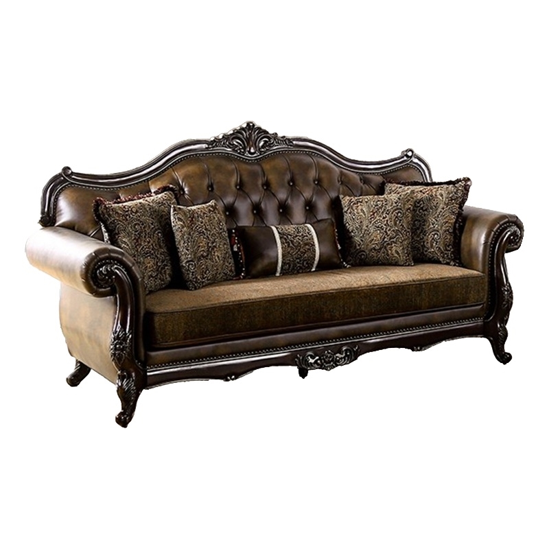 Pemberly Row 90 Inch Sofa Faux Leather Rolled Arms Cherry Brown Solid Wood