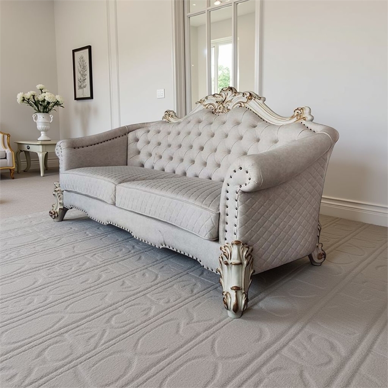 Pemberly Row 89 Inch Sofa 6 Pillows Tufted Ivory Fabric Pearl White