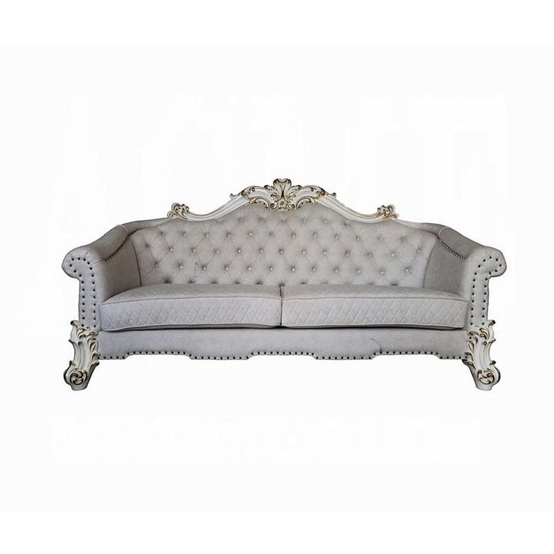 Pemberly Row 89 Inch Sofa 6 Pillows Tufted Ivory Fabric Pearl White