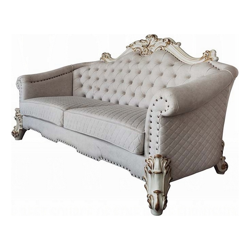 Pemberly Row 89 Inch Sofa 6 Pillows Tufted Ivory Fabric Pearl White