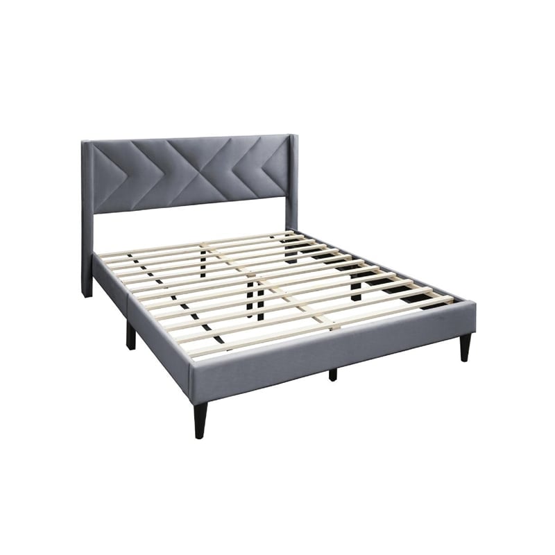 Pemberly Row Queen Size Bed Modern X Channel Tufted Gray Velvet Upholstery