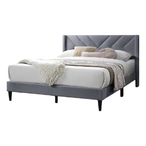 Pemberly Row Queen Size Bed Modern X Channel Tufted Gray Velvet Upholstery