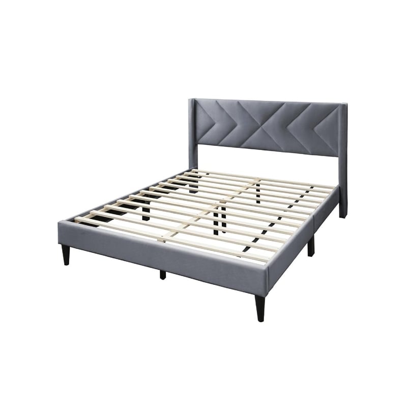 Pemberly Row Queen Size Bed Modern X Channel Tufted Gray Velvet Upholstery