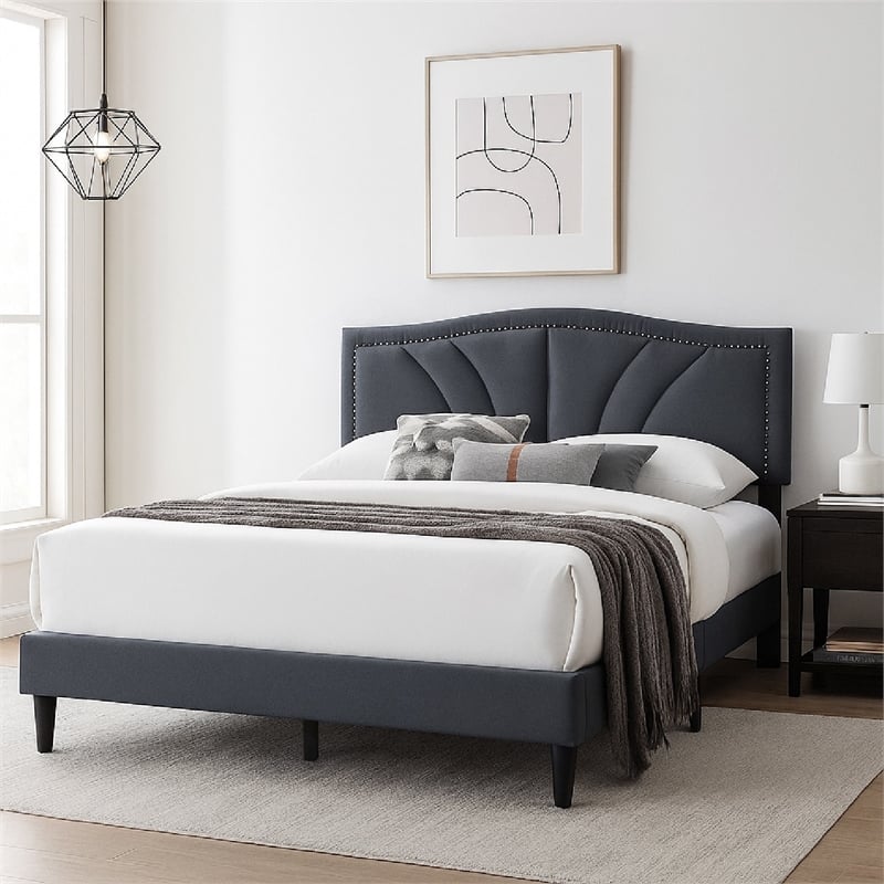 Pemberly Row Queen Size Bed Charcoal Gray Burlap Upholstered Curved Headboard