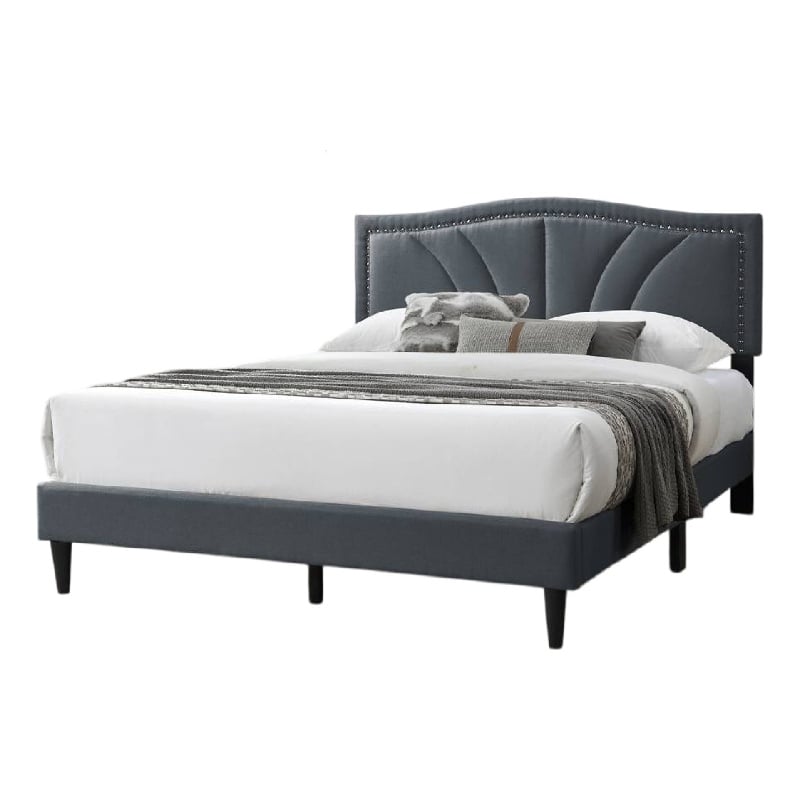 Pemberly Row Queen Size Bed Charcoal Gray Burlap Upholstered Curved Headboard