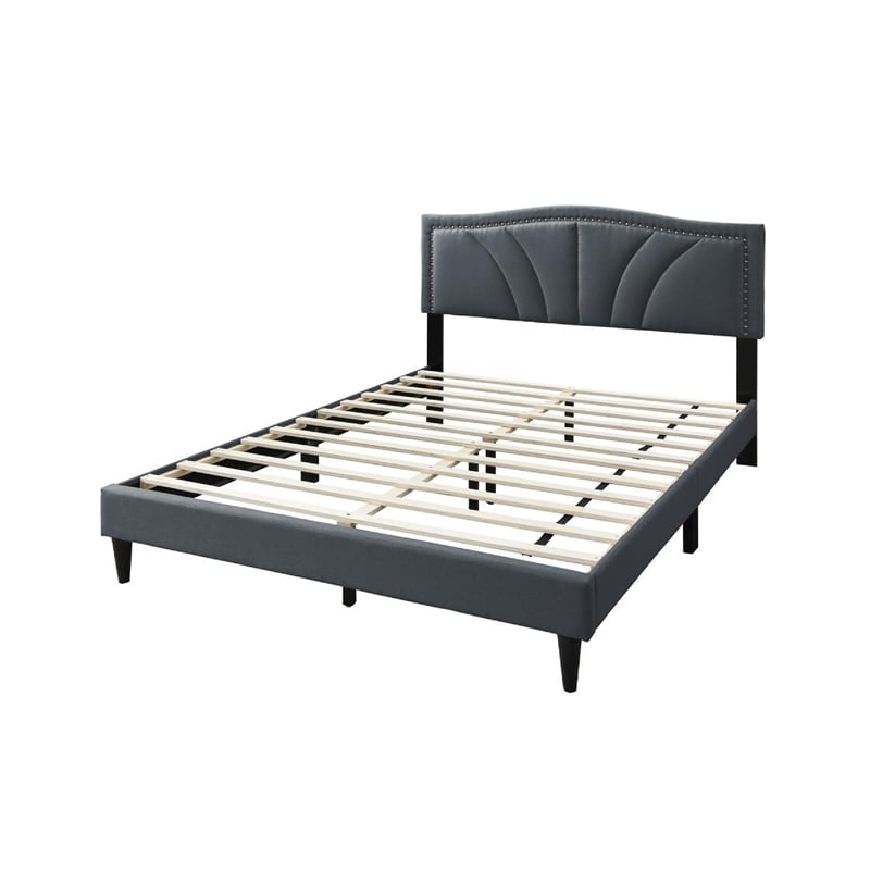 Pemberly Row Queen Size Bed Charcoal Gray Burlap Upholstered Curved Headboard