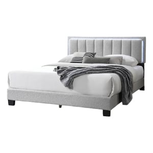 Pemberly Row Queen Size Bed LED Headboard Tufted Light Gray Wool Upholstery