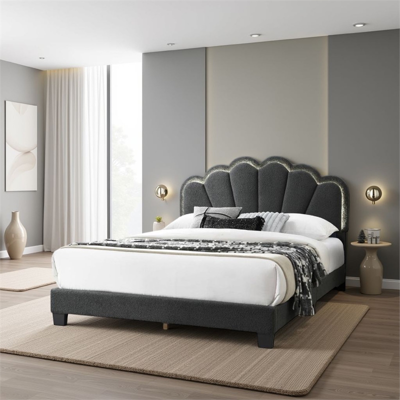 Pemberly Row Queen Size Bed Charcoal Gray Wool Upholstery LED Glam Arch
