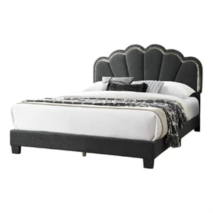 Pemberly Row Queen Size Bed Charcoal Gray Wool Upholstery LED Glam Arch
