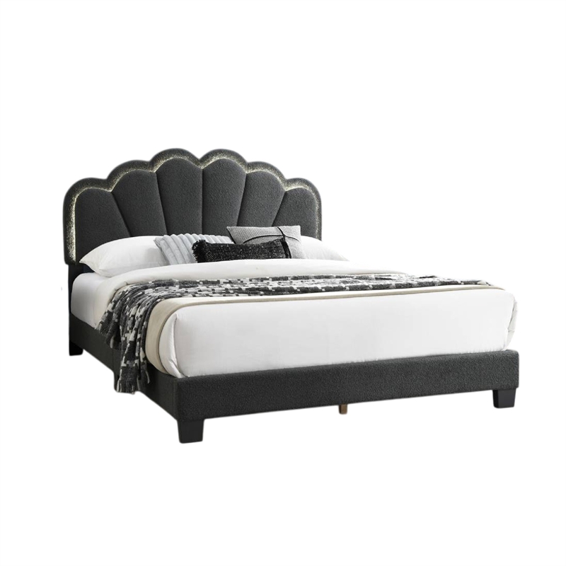 Pemberly Row Queen Size Bed Charcoal Gray Wool Upholstery LED Glam Arch