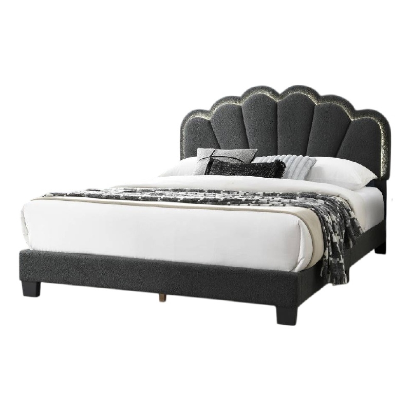 Pemberly Row Queen Size Bed Charcoal Gray Wool Upholstery LED Glam Arch