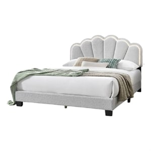 Pemberly Row Queen Size Bed Classic White Wool Upholstery LED Glam Arch