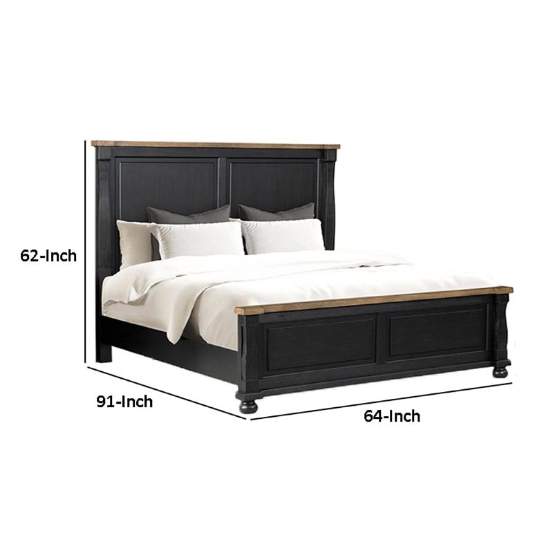 Pemberly Row Queen Bed Tall Headboard Farmhouse Legs in Black Oak Brown Wood
