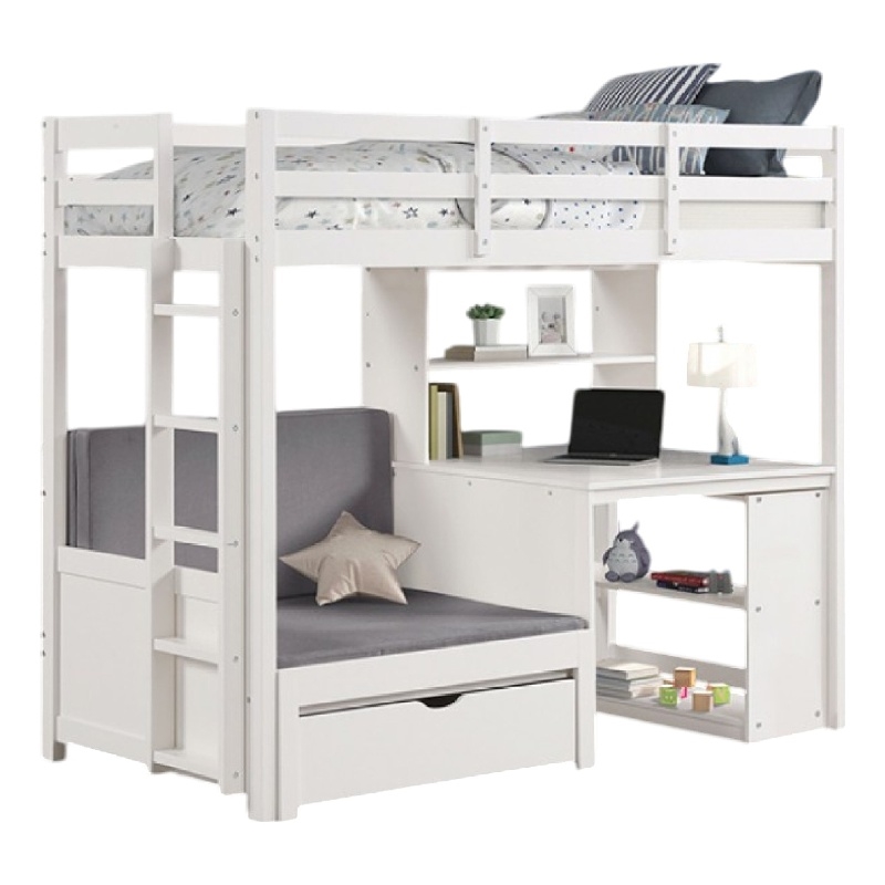Pemberly Row Twin Loft Bed with Writing Desk Shelf Unit White Pine Wood
