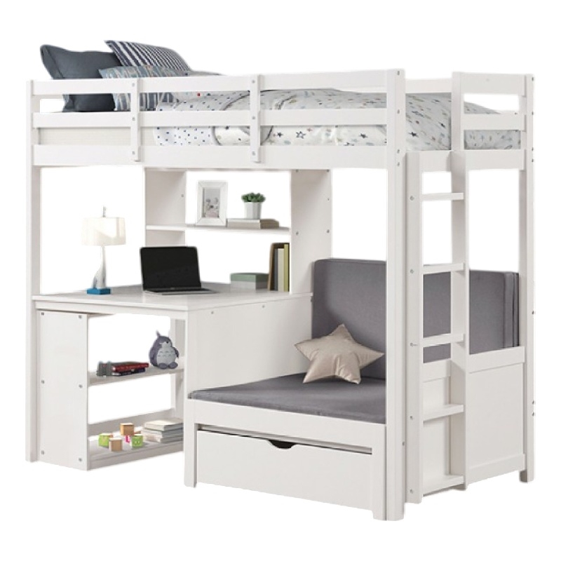 Pemberly Row Twin Loft Bed Bookcase and Desk Shelf Unit White Pine Wood
