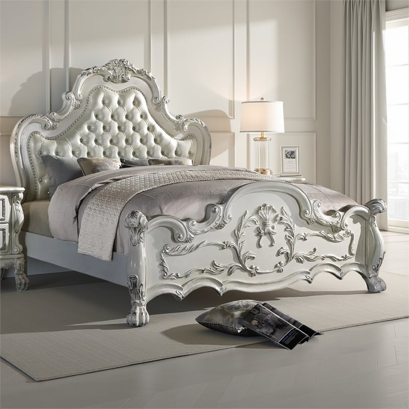 Pemberly Row California King Size Bed White Faux Leather Victorian Carved