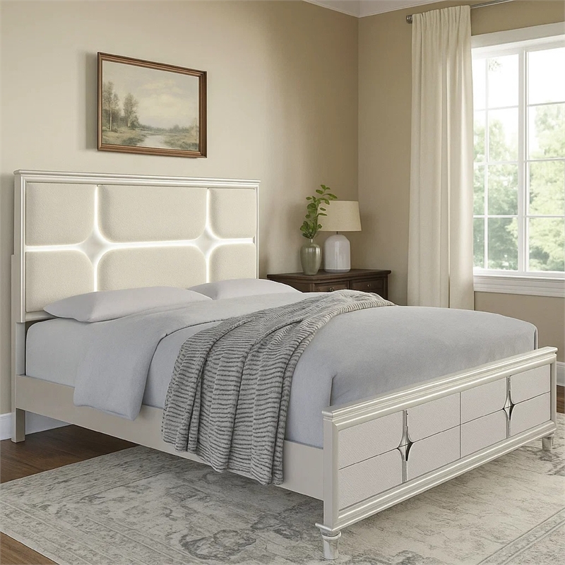 Pemberly Row Queen Size Bed Ivory Boucle Upholstered Headboard with 3D LED Light