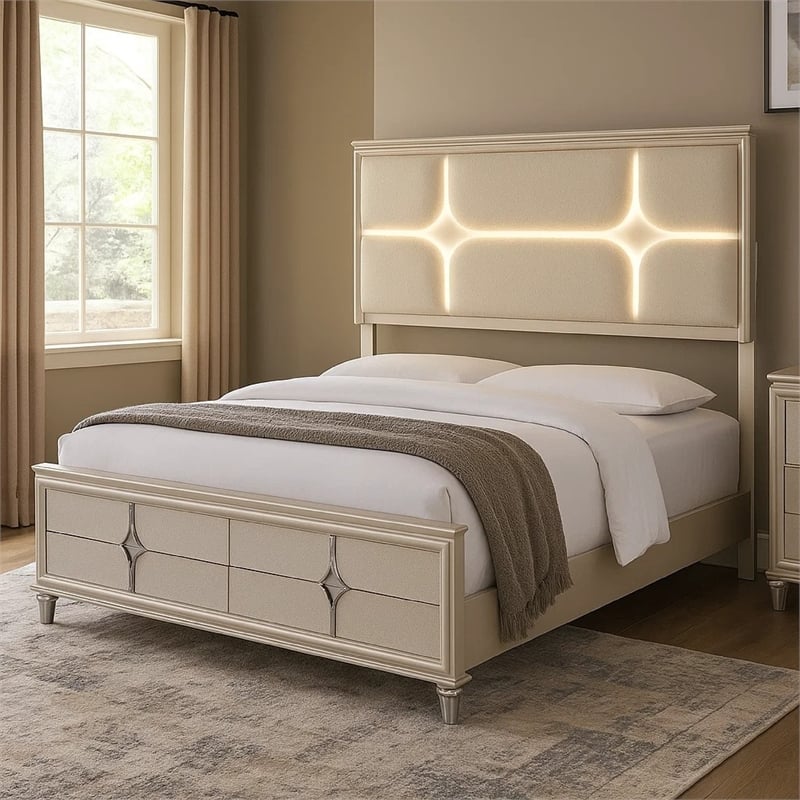 Pemberly Row Queen Size Bed Ivory Boucle Upholstered Headboard with 3D LED Light