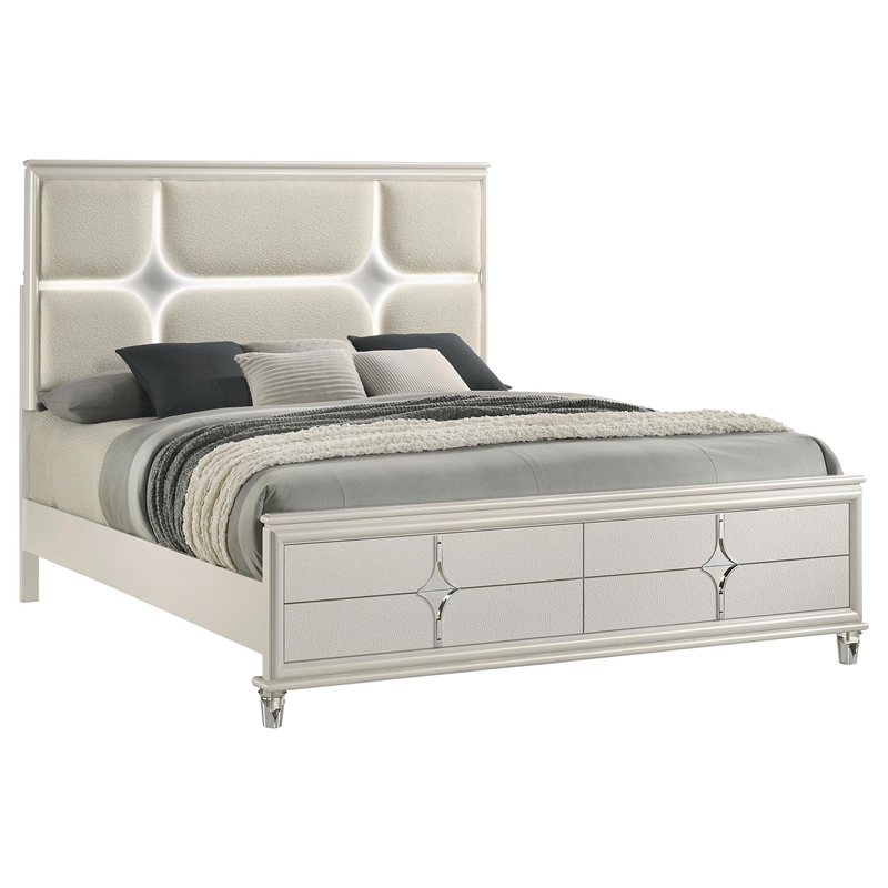 Pemberly Row Queen Size Bed Ivory Boucle Upholstered Headboard with 3D LED Light