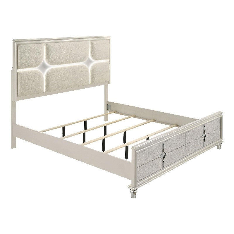 Pemberly Row Queen Size Bed Ivory Boucle Upholstered Headboard with 3D LED Light