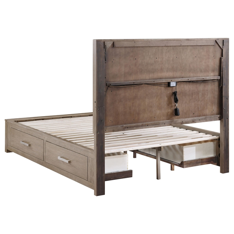 Pemberly Row Queen Bed Upholstered LED Headboard 4 Storage Drawers Brown