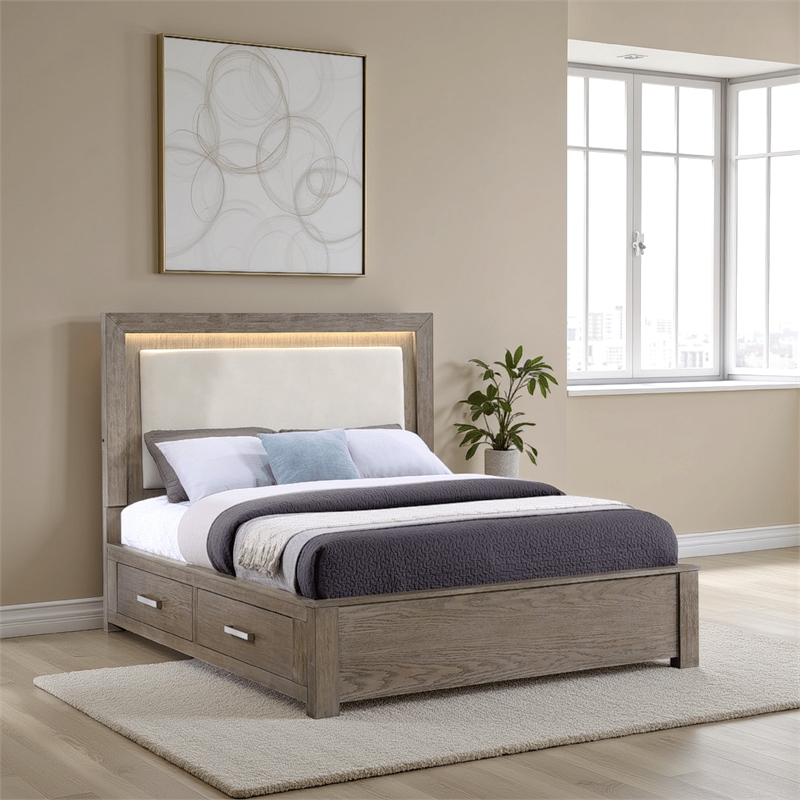 Pemberly Row Queen Bed Upholstered LED Headboard 4 Storage Drawers Brown