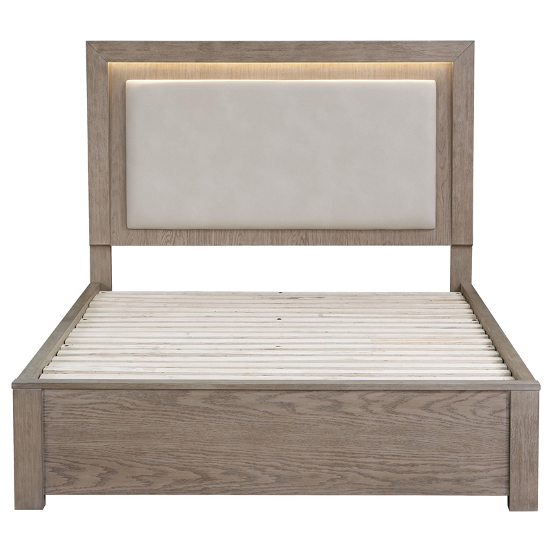 Pemberly Row Queen Bed Upholstered LED Headboard 4 Storage Drawers Brown