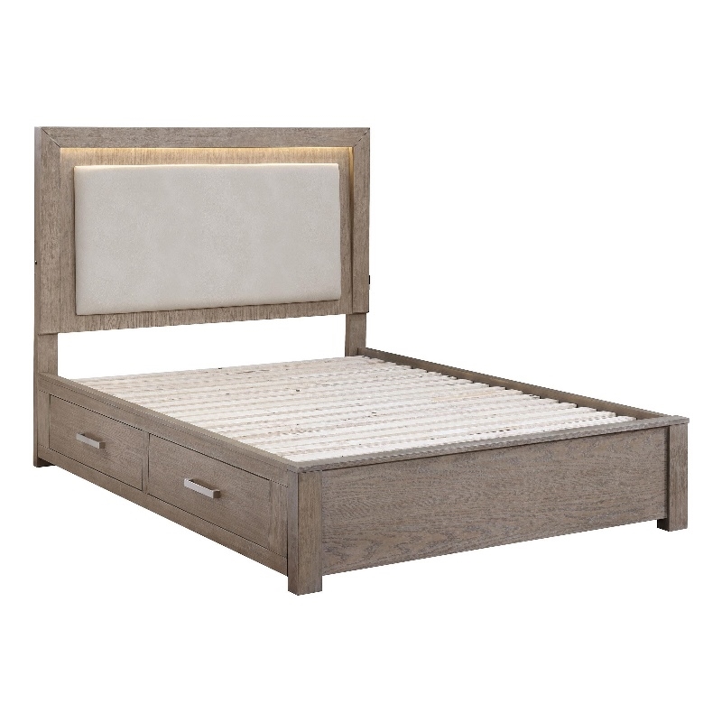 Pemberly Row Queen Bed Upholstered LED Headboard 4 Storage Drawers Brown