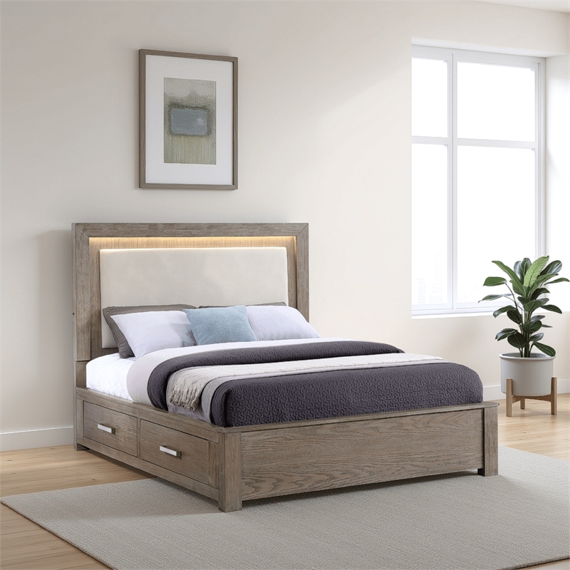 Pemberly Row King Bed Upholstered LED Headboard 4 Storage Drawers Brown