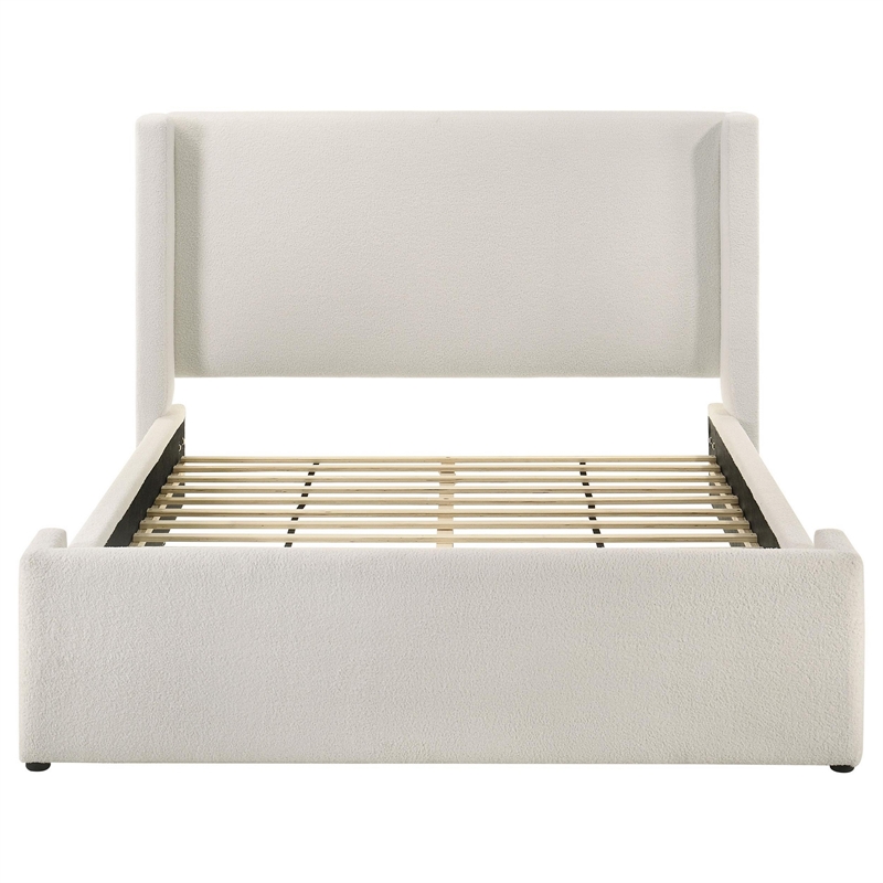 Pemberly Row Queen Platform Bed White Boucle Upholstered Wingback Headboard