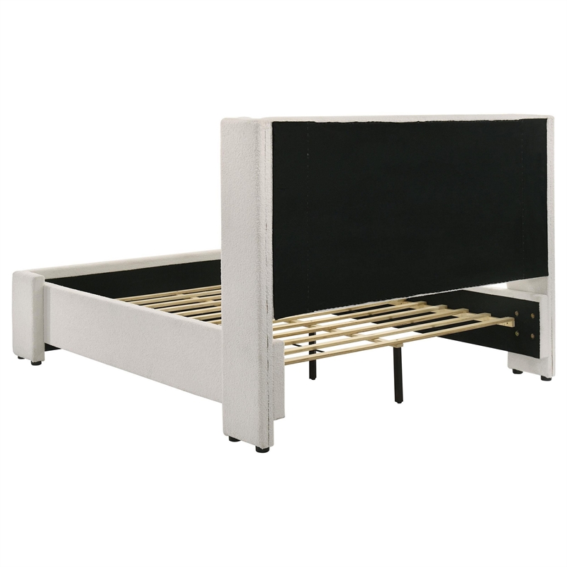 Pemberly Row Queen Platform Bed White Boucle Upholstered Wingback Headboard