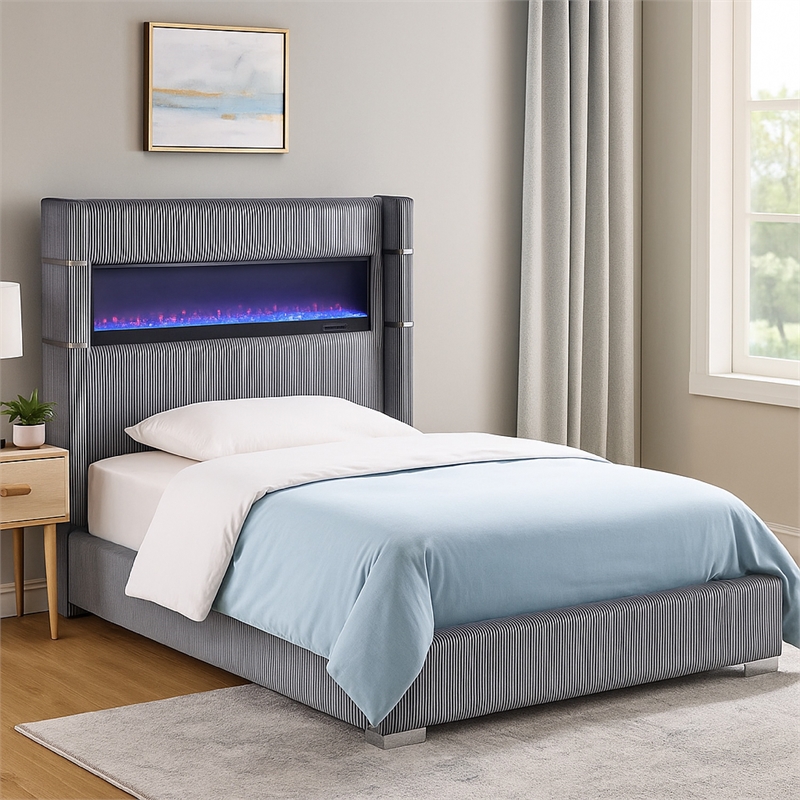 Pemberly Row Queen Bed Wingback Panel with LED Flame Gray Corduroy Upholstery