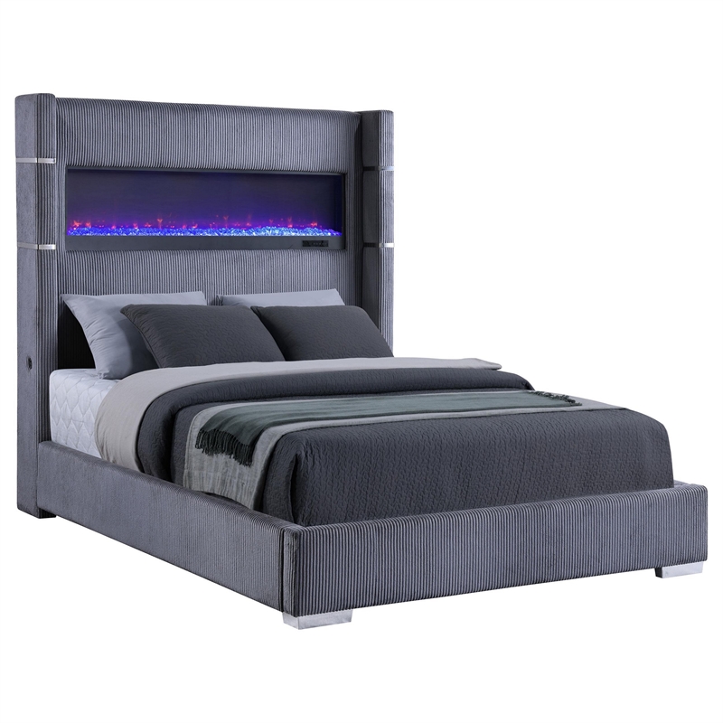 Pemberly Row Queen Bed Wingback Panel with LED Flame Gray Corduroy Upholstery