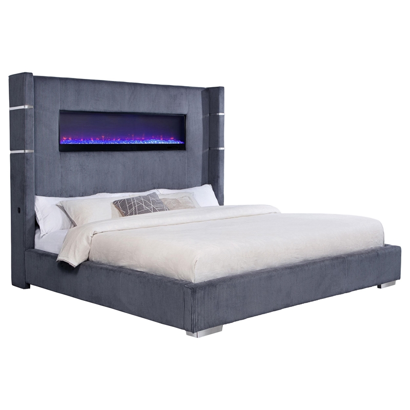 Pemberly Row King Bed Wingback Panel with LED Flame Gray Corduroy Upholstery