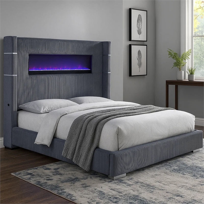 Pemberly Row King Bed Wingback Panel with LED Flame Gray Corduroy Upholstery