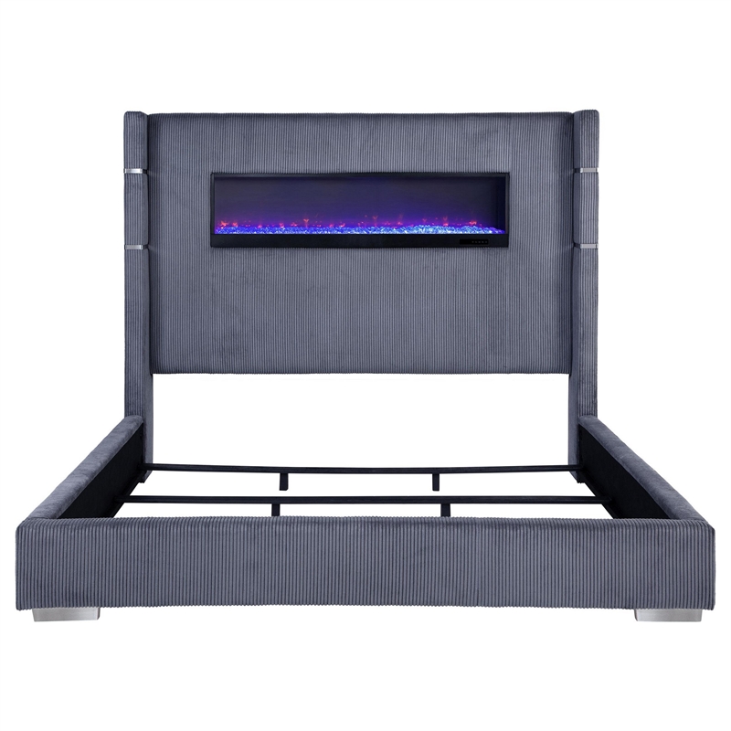 Pemberly Row King Bed Wingback Panel with LED Flame Gray Corduroy Upholstery
