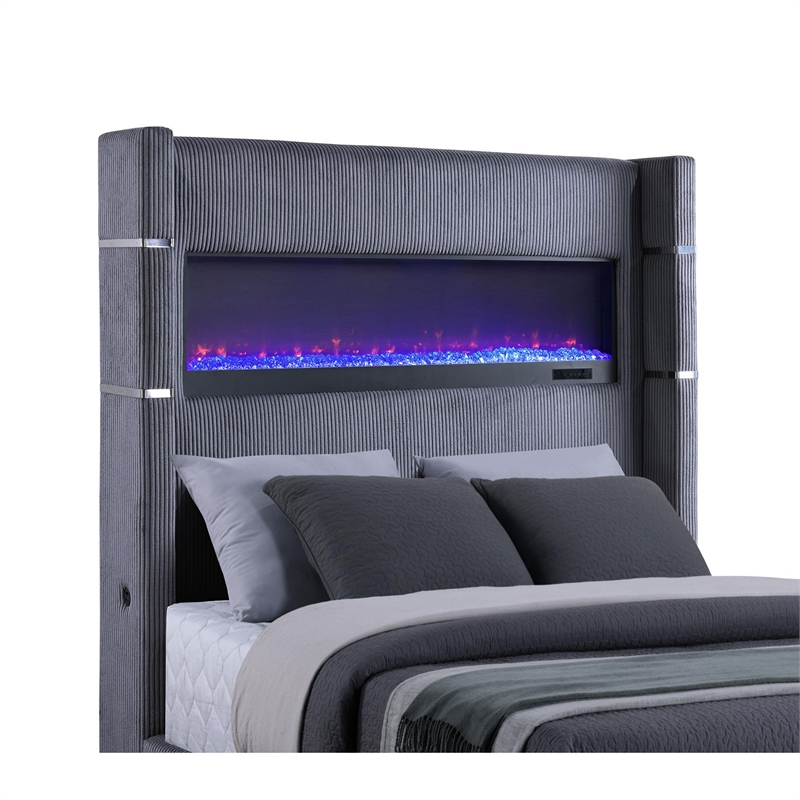 Pemberly Row King Bed Wingback Panel with LED Flame Gray Corduroy Upholstery