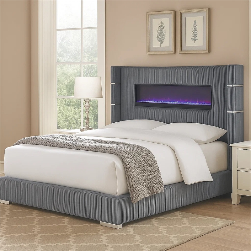 Pemberly Row King Bed Wingback Panel with LED Flame Gray Corduroy Upholstery