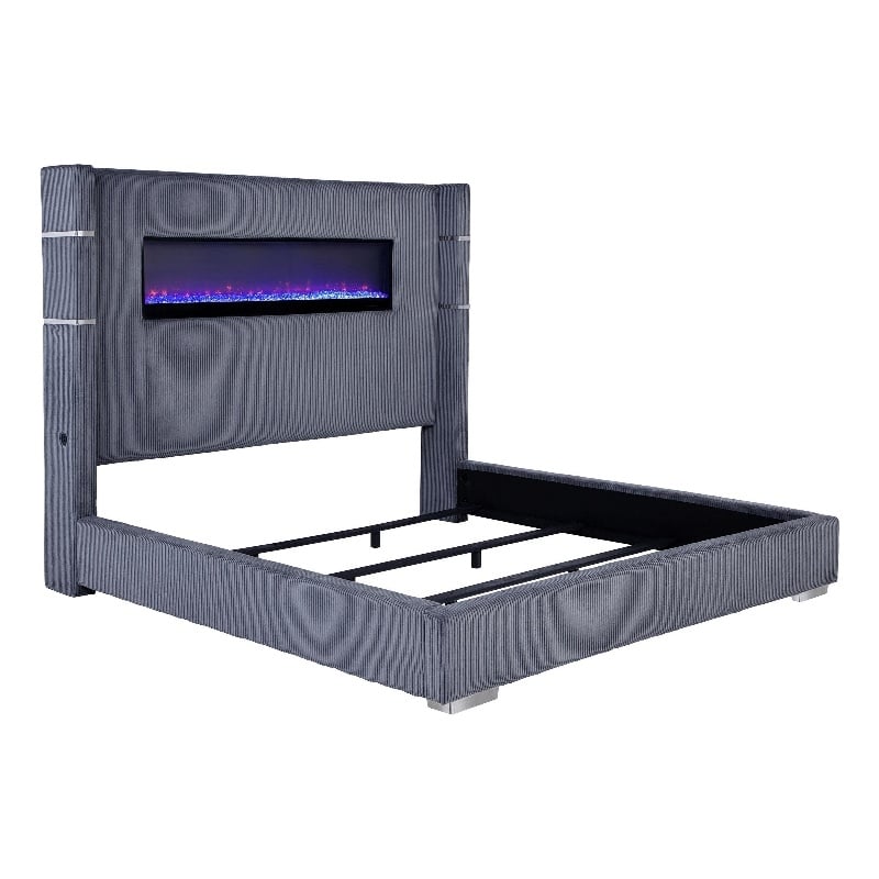 Pemberly Row King Bed Wingback Panel with LED Flame Gray Corduroy Upholstery