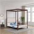 Pemberly Row Queen Canopy Bed with 4 Posts Beige Upholstery Brown Metal
