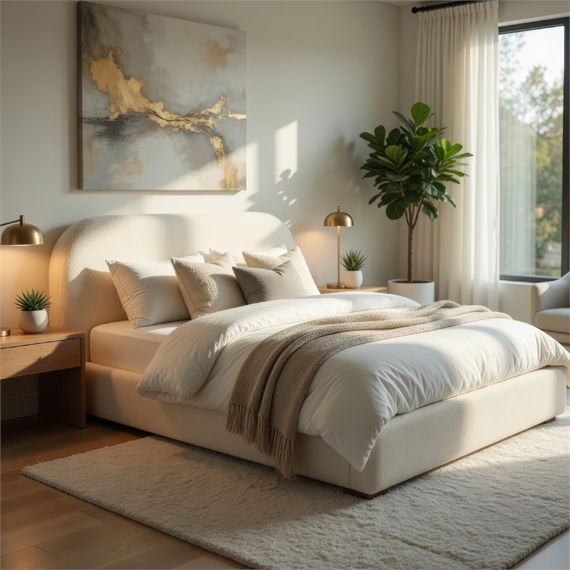 Pemberly Row Full Bed Low Profile Footboard Plush Beige Upholstered Panel