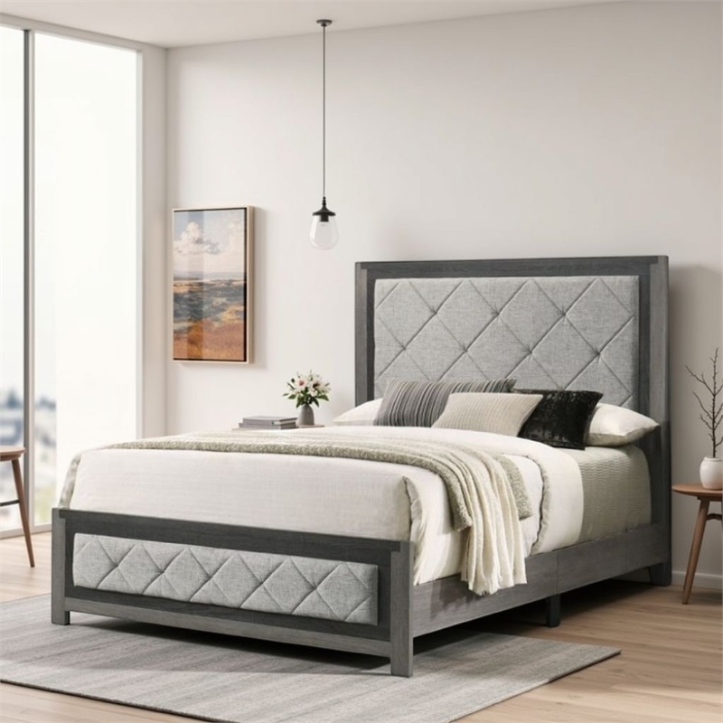 Pemberly Row King Bed with Gray Diamond Button Tufted Upholstery Modern Gray