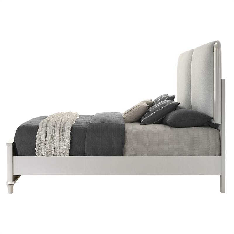 Pemberly Row Queen Size Bed with LED in Pearl White Gray Boucle Upholstered