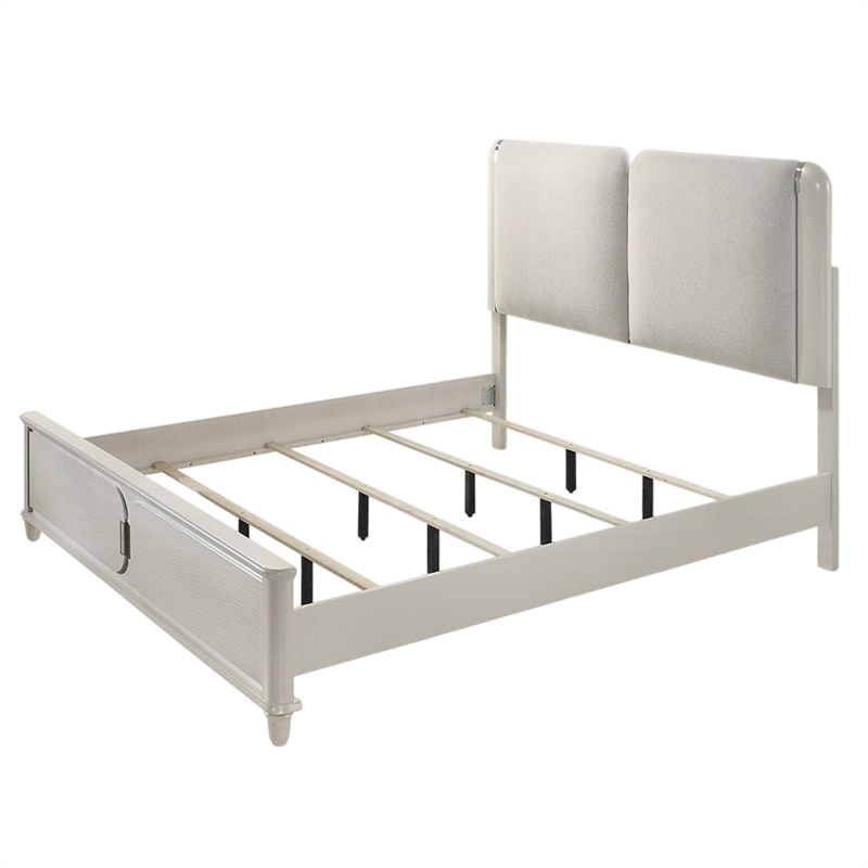 Pemberly Row Queen Size Bed with LED in Pearl White Gray Boucle Upholstered
