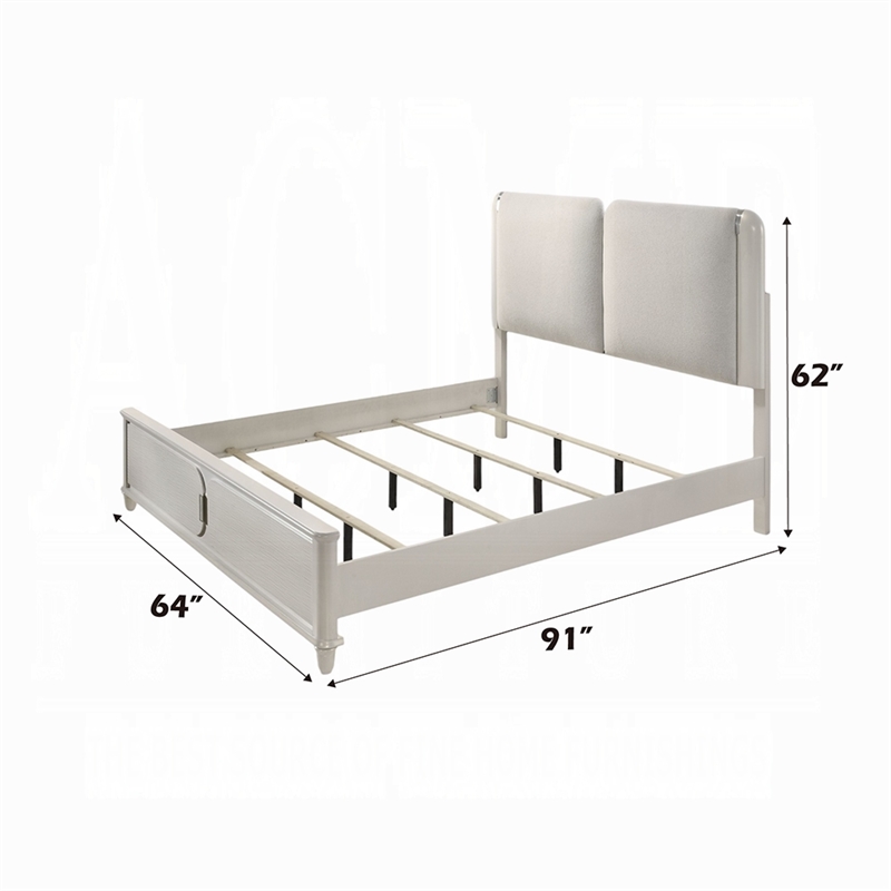 Pemberly Row Queen Size Bed with LED in Pearl White Gray Boucle Upholstered