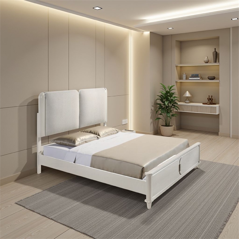 Pemberly Row Queen Size Bed with LED in Pearl White Gray Boucle Upholstered