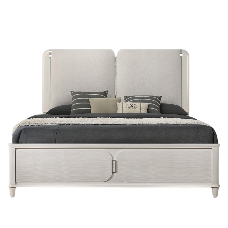 Pemberly Row Queen Size Bed with LED in Pearl White Gray Boucle Upholstered