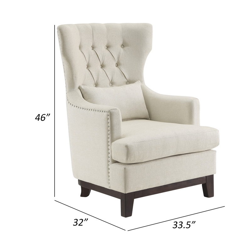 Pemberly Row 34 Inch Accent Armchair 1 Lumbar Pillow Gray Wingback Button Tufted